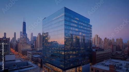 A modern glass skyscraper reflecting the city skyline at dusk.