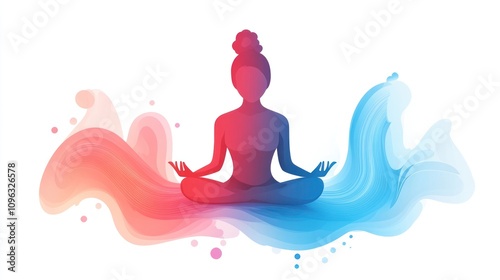 A woman in a meditative pose, with pink and blue watercolors flowing around her, symbolizing inner peace and serenity.