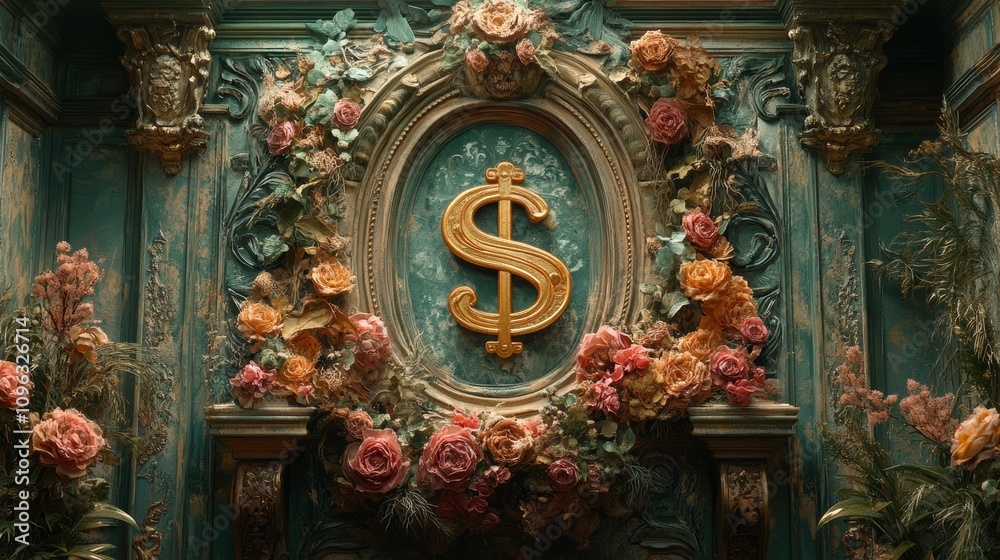 Fototapeta premium A golden dollar sign surrounded by flowers and ornate decor, set against a teal background.
