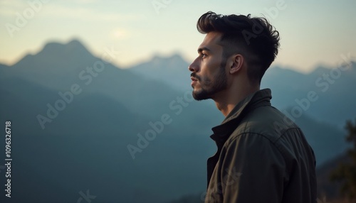 Intimate portrait of a young man contemplating career path with serene mountain backdrop