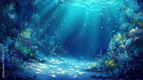 Serene undersea background with tranquil blue water, shimmering sunlight, and gentle ocean currents