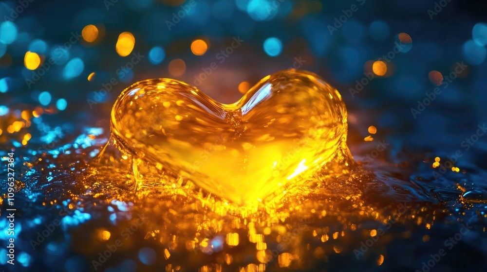 Yellow gel droplet in a heart shape resting on shimmering water surface with vibrant blue and gold bokeh reflections in the background.