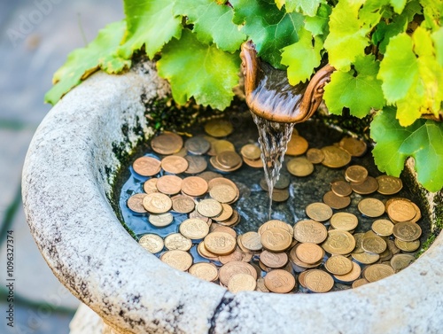 A serene fountain with coins scattered in water, surrounded by lush green leaves, creating a tranquil and ornamental atmosphere. photo