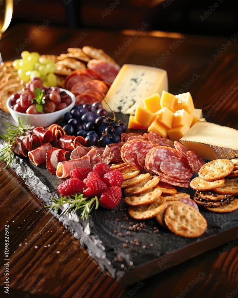 Creating a rustic charcuterie board with cheese crackers and fresh fruit on a dark wooden table for a cozy gathering experience Creating a rustic charcuterie board with cheese crackers and fresh fruit on a dark wooden table for a cozy gathering experience