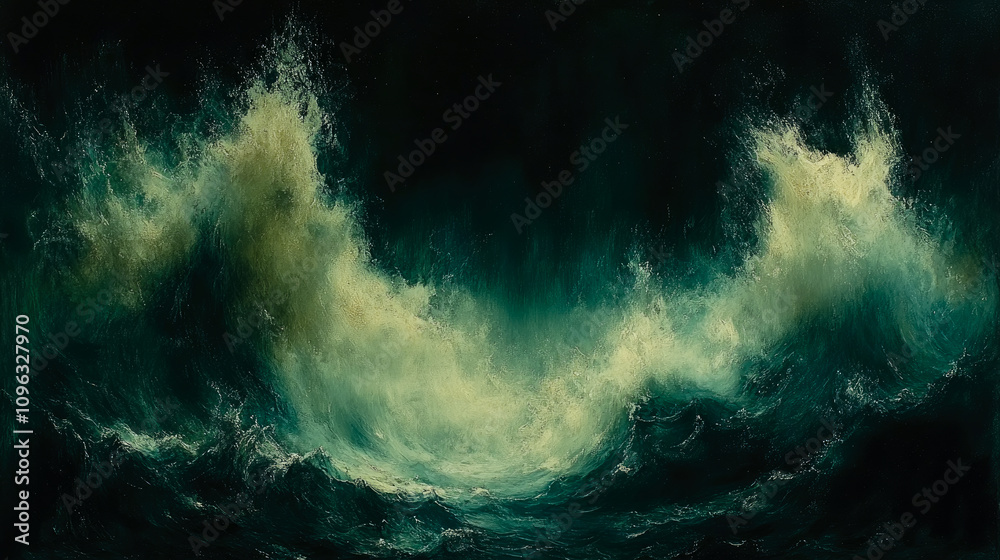 Obraz premium Powerful ocean waves surge and crash in a dramatic display, illuminated by soft hues reflecting the twilight sky at dusk, showcasing nature’s grandeur