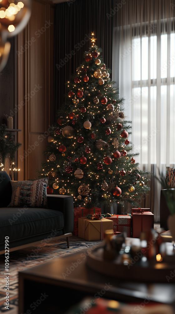 Obraz premium AI Generative portrait Christmas tree decorated with lights and ornaments, in a cozy living room, photorealistic style.