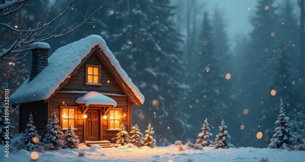Cozy log cabin nestled in a snowy forest, with warm lights glowing from ...