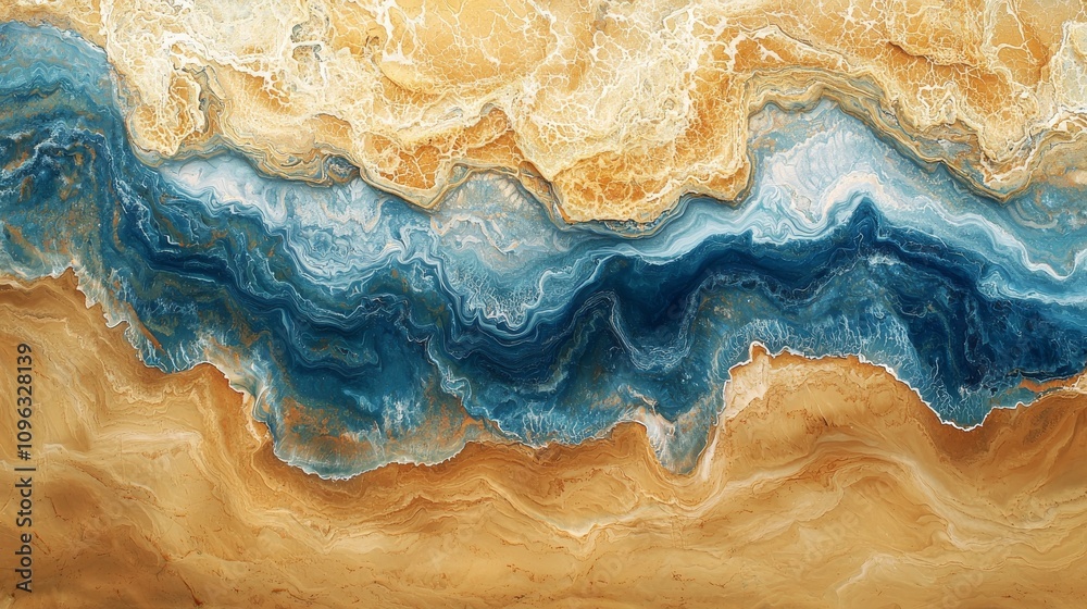 An abstract image showcasing flowing colors of blue and sandy beige, resembling ocean waves and shoreline patterns. An abstract image showcasing flowing colors of blue and sandy beige, resembling ocean waves and shoreline patterns.