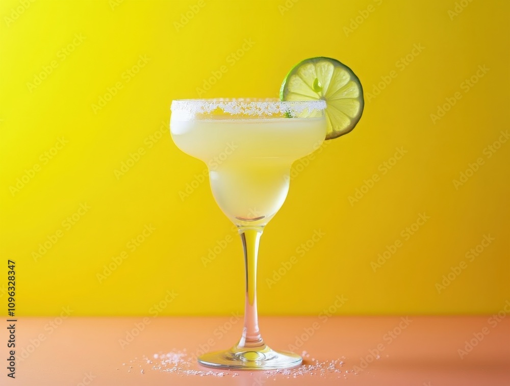 Refreshing margarita cocktail in a glass with a lime wedge garnish on a vibrant yellow background
