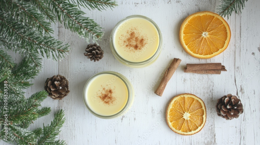 Spiced eggnog in glasses with cinnamon sticks, dried orange slices, pine cones, and fir branches on a rustic white wooden surface Spiced eggnog in glasses with cinnamon sticks, dried orange slices, pine cones, and fir branches on a rustic white wooden surface