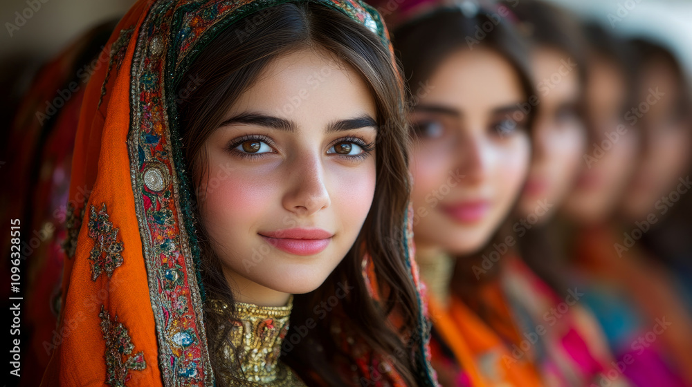 Fototapeta premium Group of women in colorful traditional clothing gather together, showcasing their culture and joyful spirit during a lively outdoor event