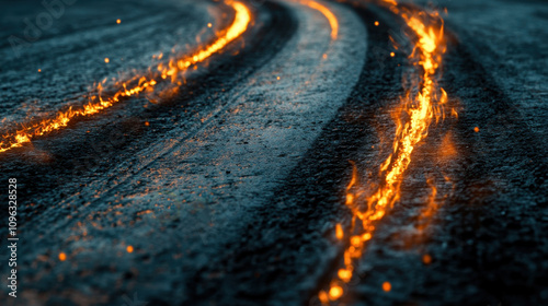 Close-up black tire marks on the road surface at the racetrack with flames. photo