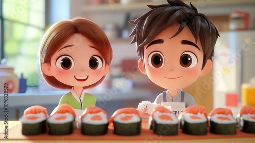 A young couple smiles happily as they prepare sushi together in their kitchen.