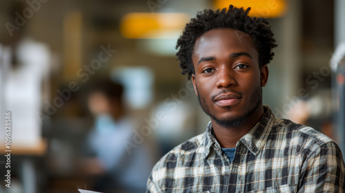 A young man with curly hair holds a sheet of paper while focused on his work in a contemporary office setting filled with natural light