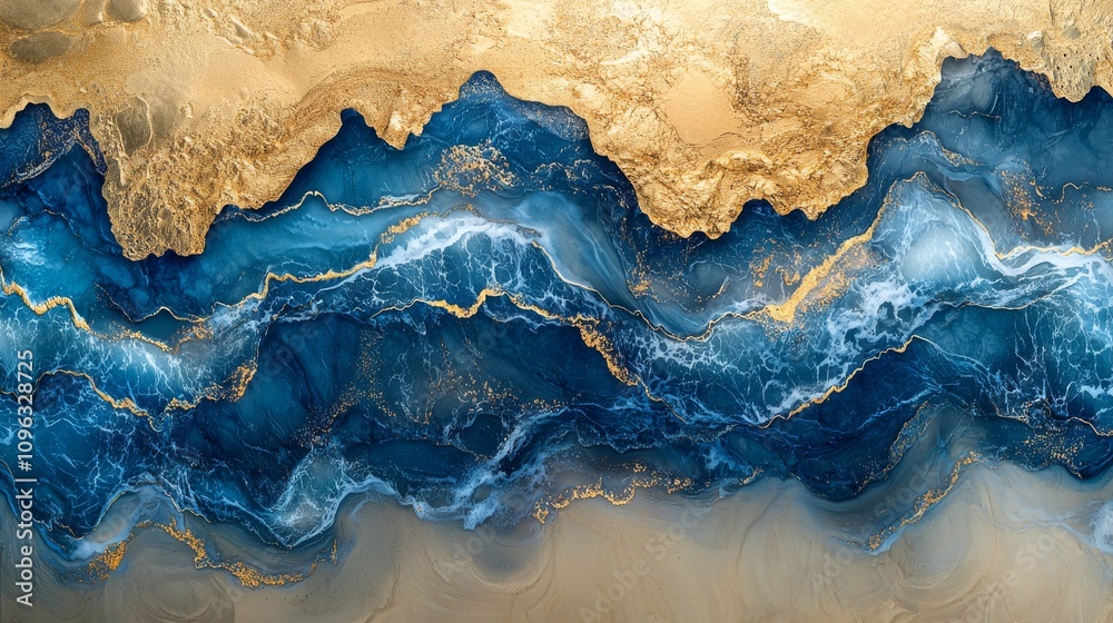 A stunning abstract image showcasing swirling blues and golds, reminiscent of ocean waves merging with sandy shores.