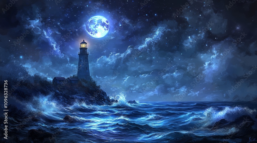 A lone lighthouse stands tall on a rocky coast, its beam cutting through the stormy night sky illuminated by a full moon. A lone lighthouse stands tall on a rocky coast, its beam cutting through the stormy night sky illuminated by a full moon.