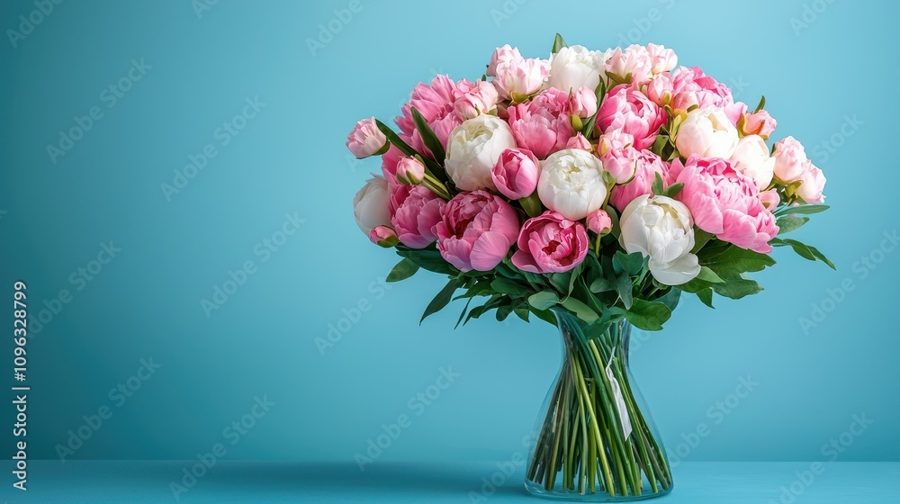 Obraz premium Beautiful bouquet of pink and white peonies arranged elegantly in a glass vase against a soft blue background, perfect for floral decor or gift inspiration.