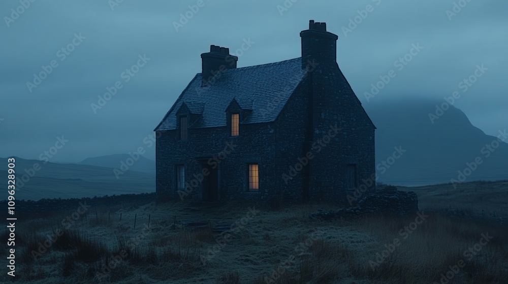 A lone stone house with glowing windows sits on a misty hillside at dusk. A lone stone house with glowing windows sits on a misty hillside at dusk.