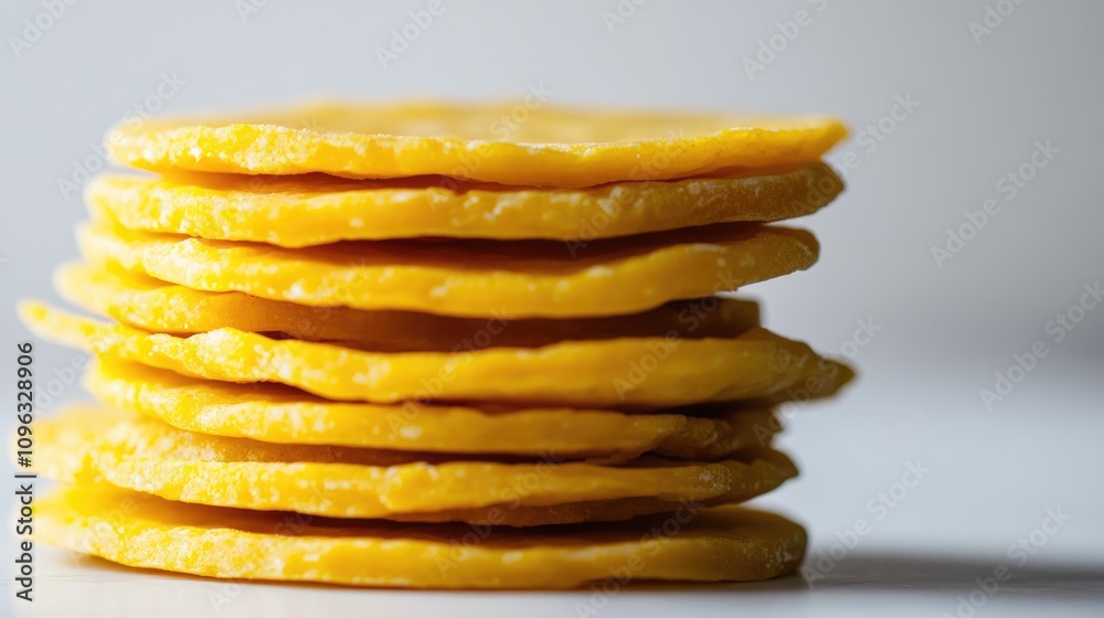 Stack of vibrant yellow corn tortillas arranged neatly against a minimalist white background, showcasing their round shape and texture. Stack of vibrant yellow corn tortillas arranged neatly against a minimalist white background, showcasing their round shape and texture.