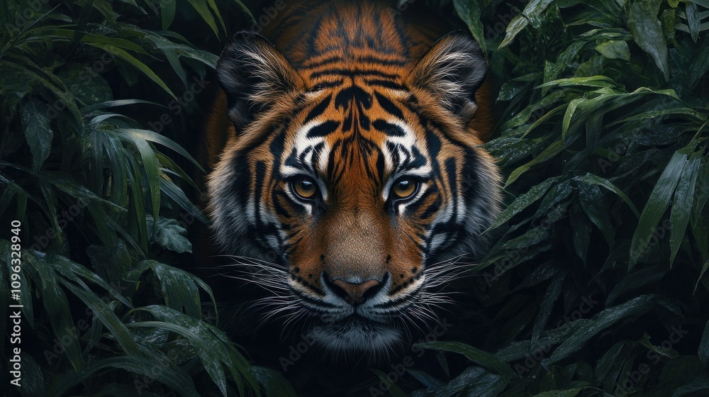 A majestic Bengal tiger with striking orange and black stripes stares intensely from behind green foliage. A majestic Bengal tiger with striking orange and black stripes stares intensely from behind green foliage.