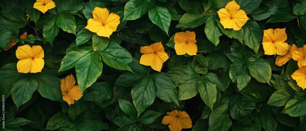 A vibrant display of yellow flowers surrounded by lush green leaves, creating a lively and refreshing natural scene. A vibrant display of yellow flowers surrounded by lush green leaves, creating a lively and refreshing natural scene.