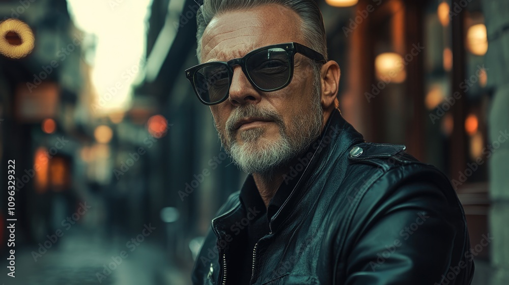 Confident biker in a black leather jacket and vintage sunglasses, exuding a rugged charm in a narrow city street with soft evening light. Confident biker in a black leather jacket and vintage sunglasses, exuding a rugged charm in a narrow city street with soft evening light.