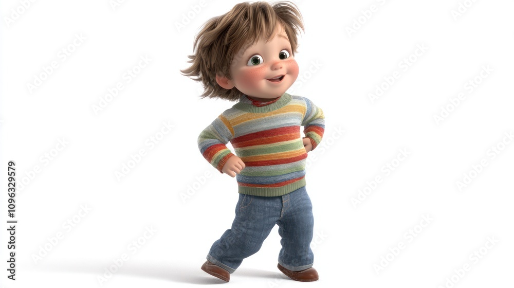 A cheerful animated child with tousled hair, wearing a colorful striped sweater and jeans. A cheerful animated child with tousled hair, wearing a colorful striped sweater and jeans.