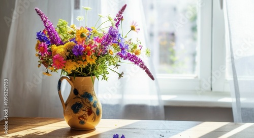 Vibrant bouquet of wildflowers in ceramic pitcher the window