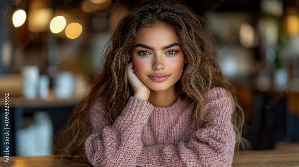 A young woman sits comfortably at a cafe table, resting her chin on her hand, showcasing her long hair and friendly expression in a warm atmosphere A young woman sits comfortably at a cafe table, resting her chin on her hand, showcasing her long hair and friendly expression in a warm atmosphere