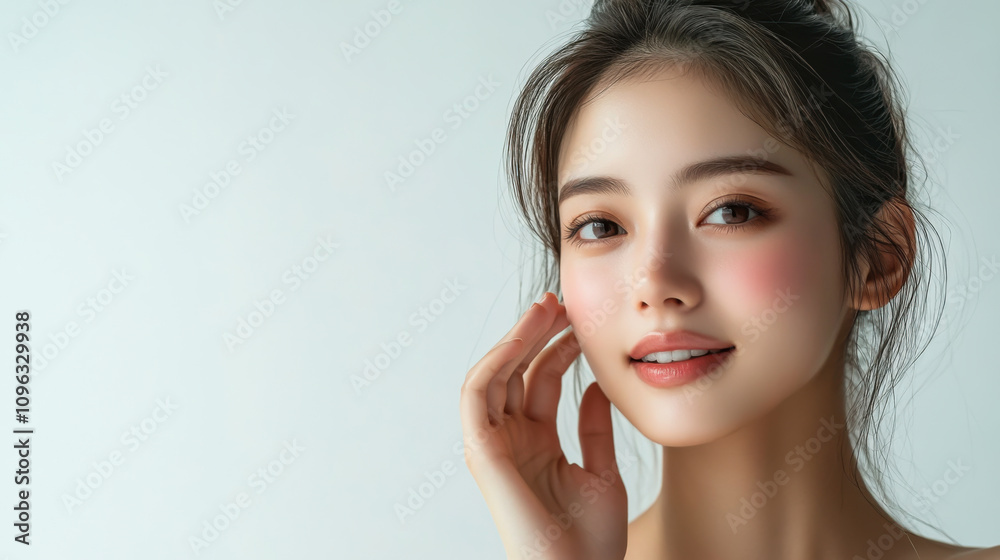 A woman smiling while gently touching her cheek in a soft-lit room during the afternoon, showcasing a radiant and healthy complexion A woman smiling while gently touching her cheek in a soft-lit room during the afternoon, showcasing a radiant and healthy complexion