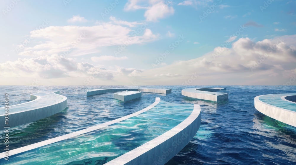 Harnessing tidal energy geometric wave energy converters ocean digital art futuristic landscape sustainable design soft blues and silvers Harnessing tidal energy geometric wave energy converters ocean digital art futuristic landscape sustainable design soft blues and silvers