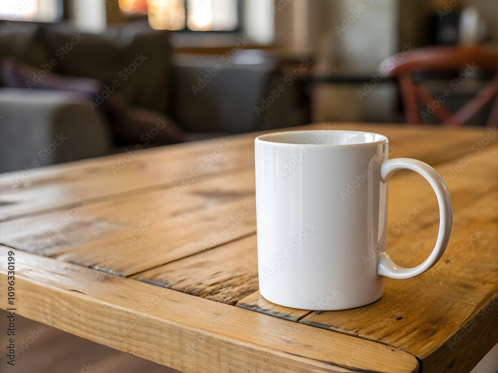 plain white mug placed on cozy wooden table, creating warm and inviting atmosphere perfect for enjoying hot beverage plain white mug placed on cozy wooden table, creating warm and inviting atmosphere perfect for enjoying hot beverage