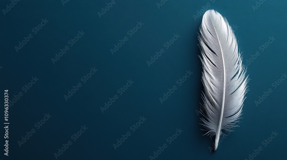 Elegant Single White Feather Lying on a Dark Teal Background, Perfect for Artistic, Minimalistic, or Nature-Themed Projects and Design Needs Elegant Single White Feather Lying on a Dark Teal Background, Perfect for Artistic, Minimalistic, or Nature-Themed Projects and Design Needs
