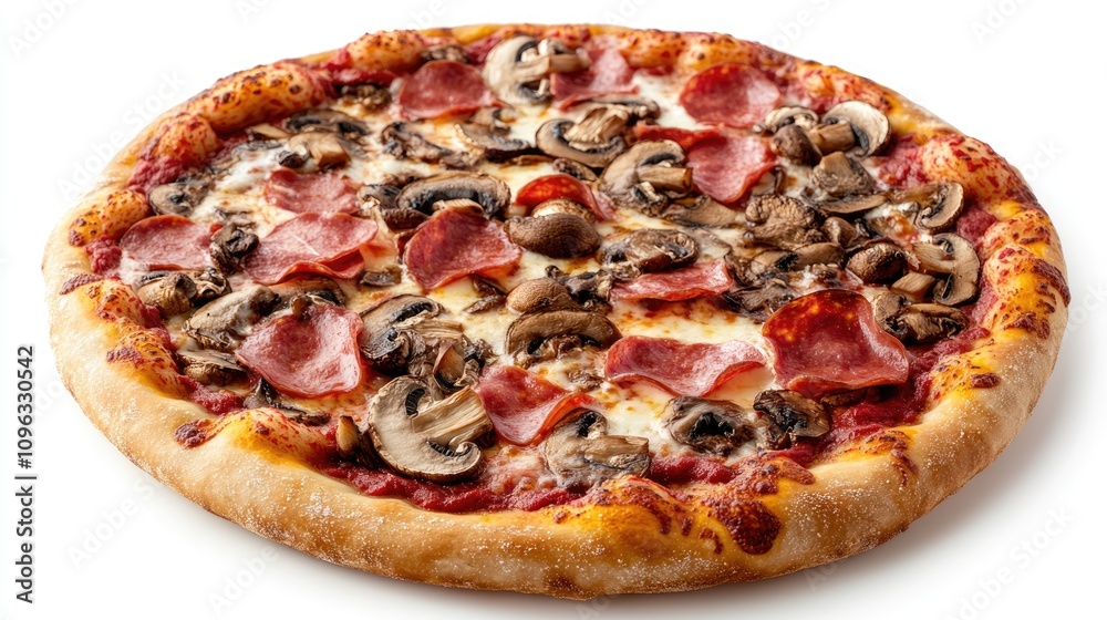 Delicious pizza topped with mushrooms, mozzarella cheese, tomato sauce, and ham on a golden crust, presented on a clean white background. Delicious pizza topped with mushrooms, mozzarella cheese, tomato sauce, and ham on a golden crust, presented on a clean white background.