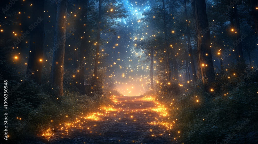 A magical forest path illuminated by fireflies and moonlight. A magical forest path illuminated by fireflies and moonlight.