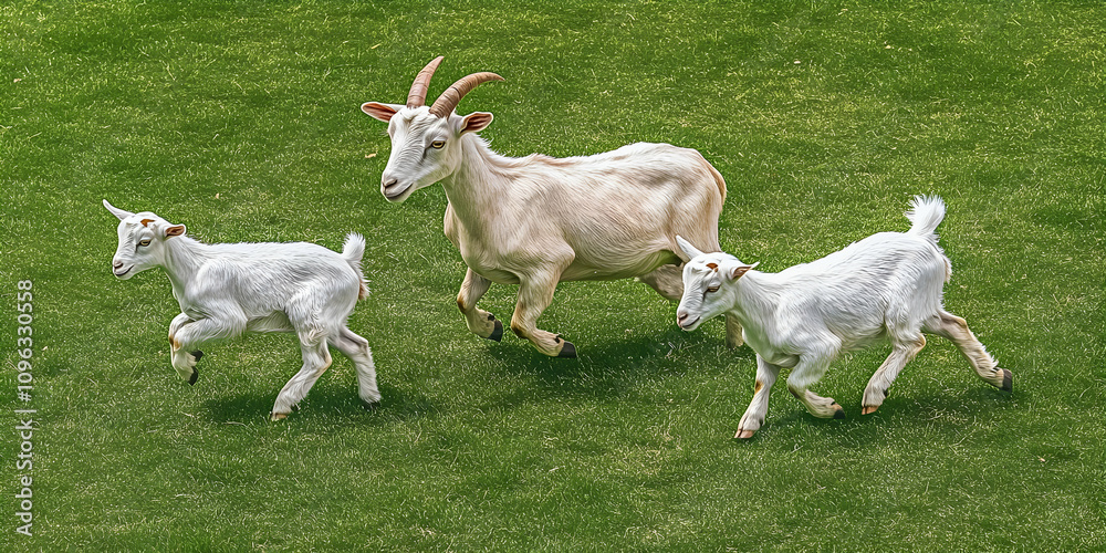 Fototapeta premium White Goats Running on Grass in a Sunny Field