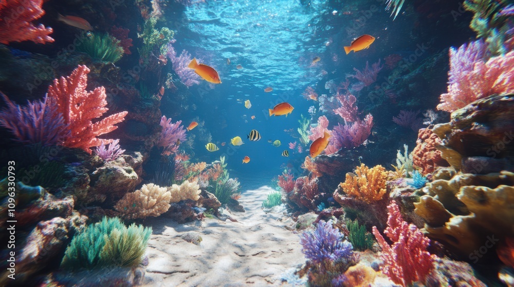 Fototapeta premium Vibrant coral reef under the sea with colorful fish swimming around, creating a lively underwater scene
