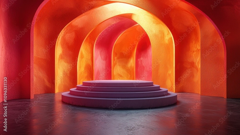 Fototapeta premium Dynamic abstract vortex of colors encircling central podium in vibrant architectural space