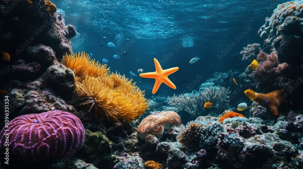 Vibrant undersea coral reef teeming with life, including starfish, fish, and anemones Vibrant undersea coral reef teeming with life, including starfish, fish, and anemones