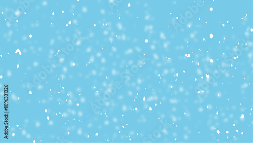 Random falling snow flakes wallpaper. Snowfall dust freeze granules. Snowfall sky white teal blue background. 