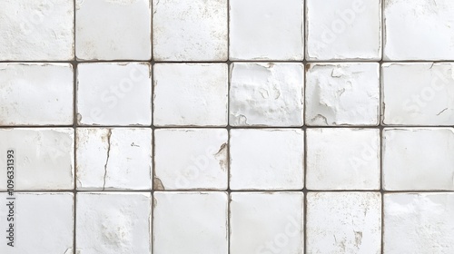 A close-up view of textured white tiles with varying degrees of wear and age, showcasing rustic charm.