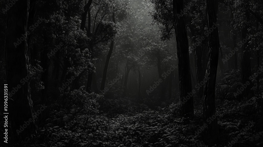 A misty forest path with tall trees and a shaft of sunlight in the distance. A misty forest path with tall trees and a shaft of sunlight in the distance.