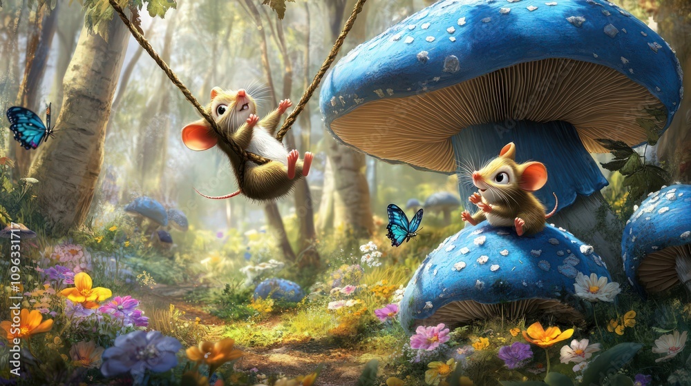 Two cartoon mice playing in a fairytale mushroom forest, one swinging ...