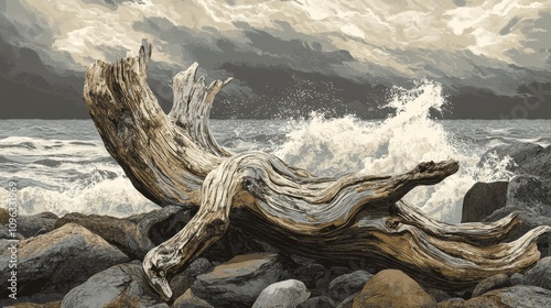 A dramatic shore scene featuring a weathered driftwood log against crashing waves and a cloudy sky.