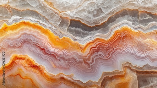 Abstract agate slab background with vibrant marbled textures featuring earthy tones of orange, white, and gray, enhanced by fluid pastel pink wavy lines and intricate patterns.