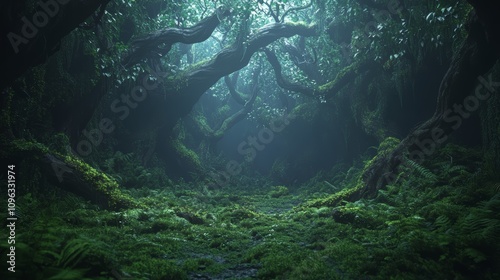 A mysterious path through a dense, moss-covered forest with a misty atmosphere.