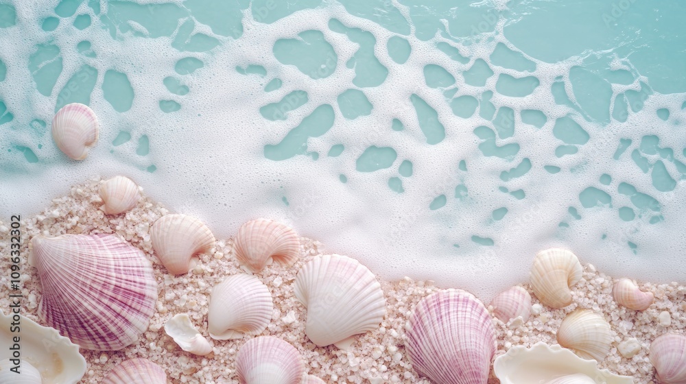Tranquil beach scene with delicate pink seashells scattered on soft sand, gentle waves lapping at the shore, perfect for summer vacation promotions.