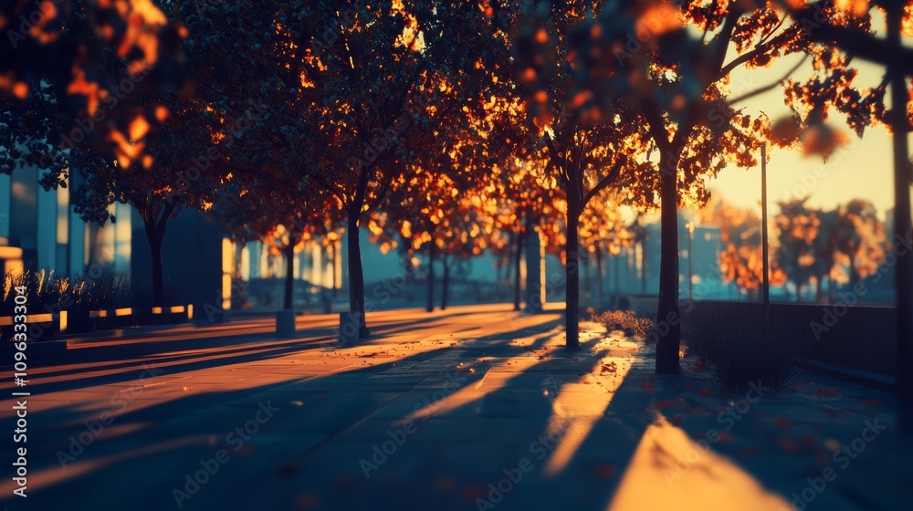 A picturesque urban park scene bathed in the warm glow of a setting sun, with trees adorned in vibrant autumn foliage casting long shadows across the paved pathway.