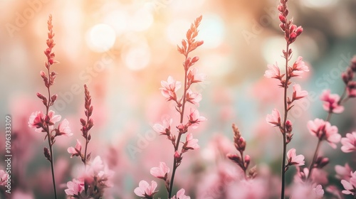 Soft focus bokeh effects in a pink wildflower field capturing the serene beauty of spring and summer, with ample space for text overlay