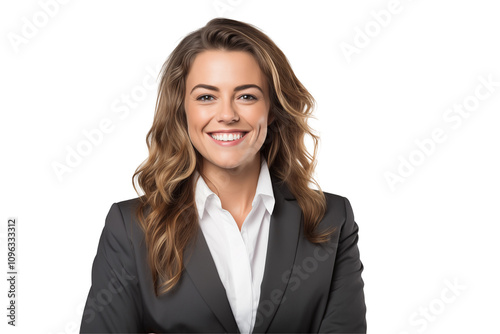 Smiling white business women in suits on transparent background. Women in business attire. Rich women. Business manager. Startup boss. European women. White woman. American woman. Isolated image. Png.